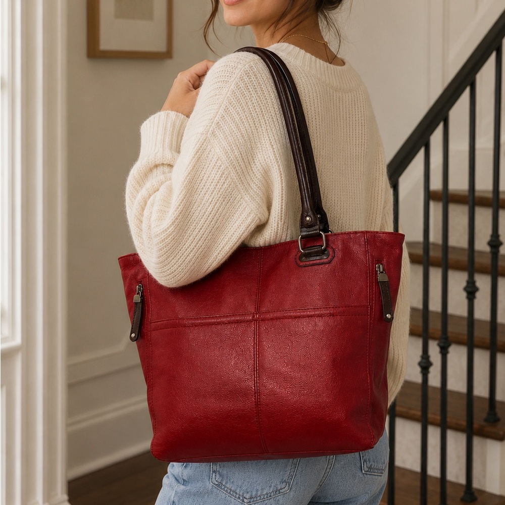 Tignanello Red Leather Tote with Dark Brown Handles EUC
